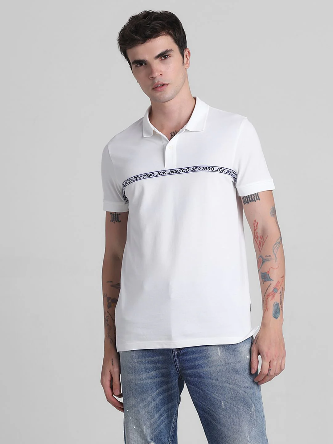 White Logo Tape Print Polo T-shirt - Image 2