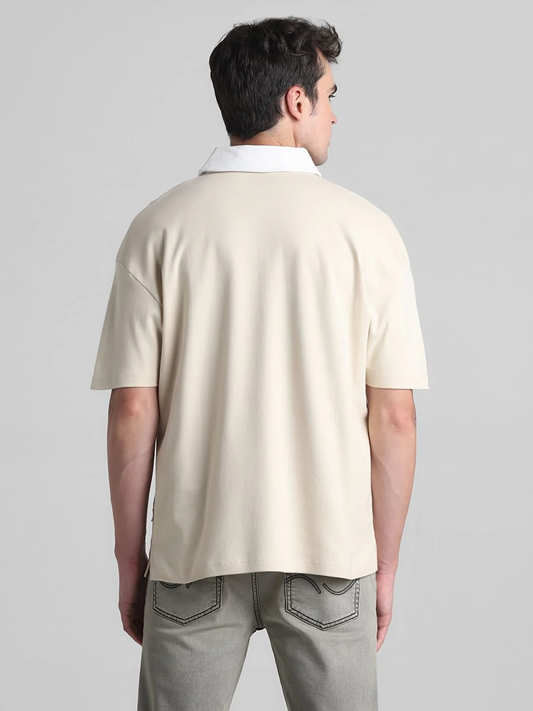 Beige Cotton Oversized Polo T-shirt - Image 4