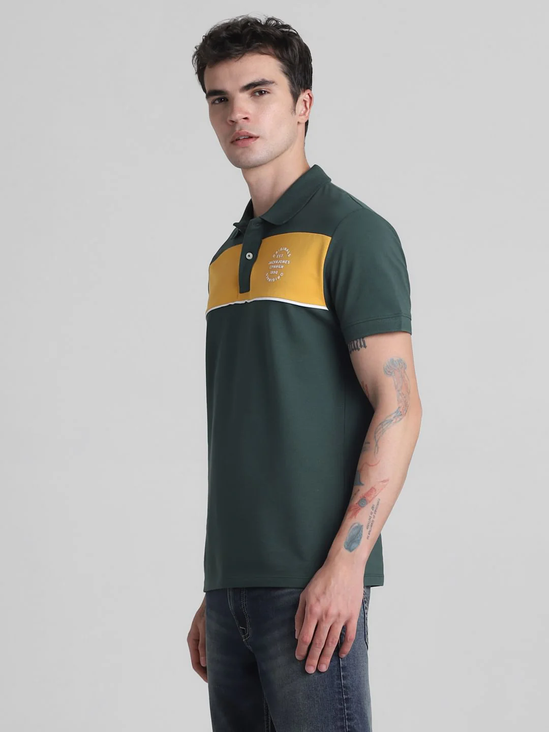 Green Colourblocked Contrast Tipping Polo - Image 3