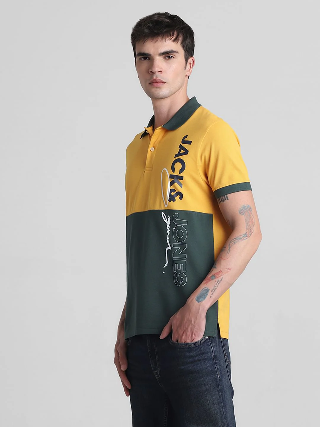 Yellow Colourblocked Cotton Polo T-shirt - Image 3