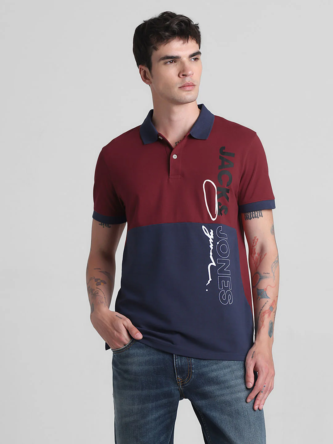 Red Colourblocked Cotton Polo T-shirt - Image 2