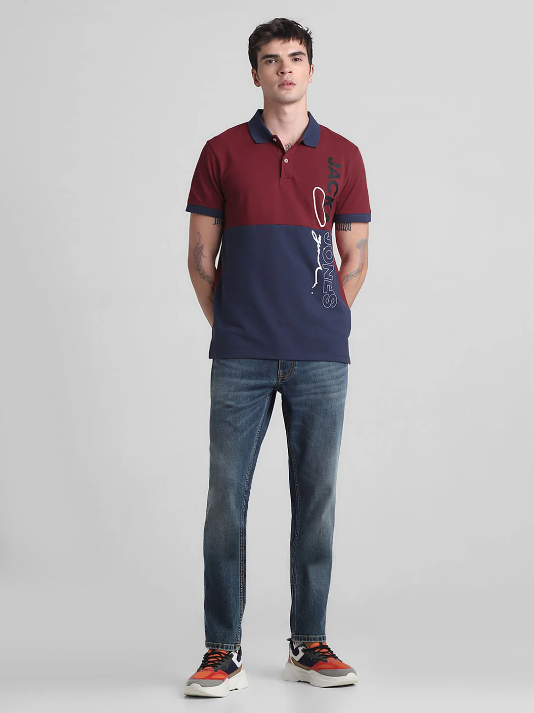 Red Colourblocked Cotton Polo T-shirt - Image 6