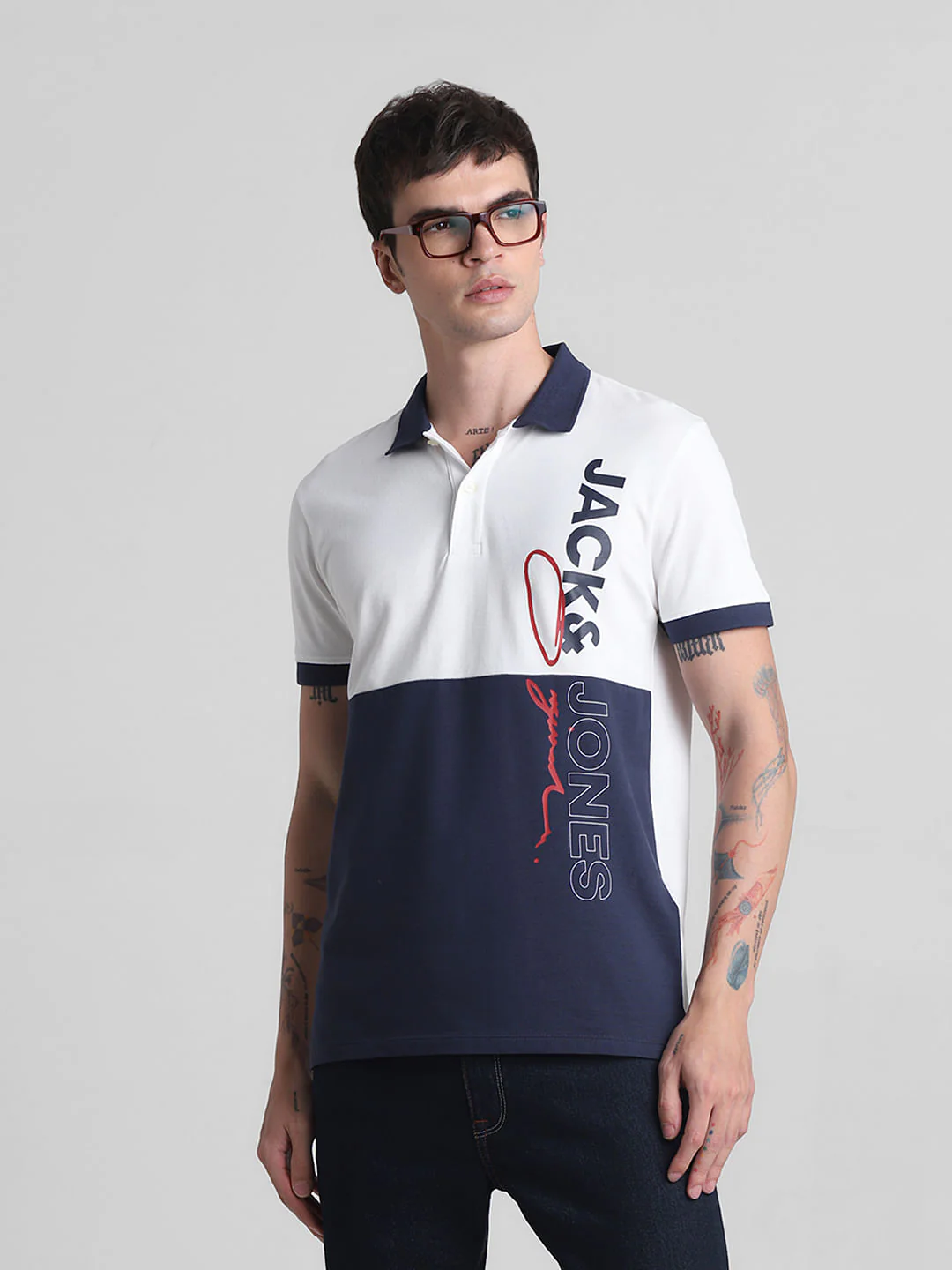 White Colourblocked Cotton Polo T-shirt