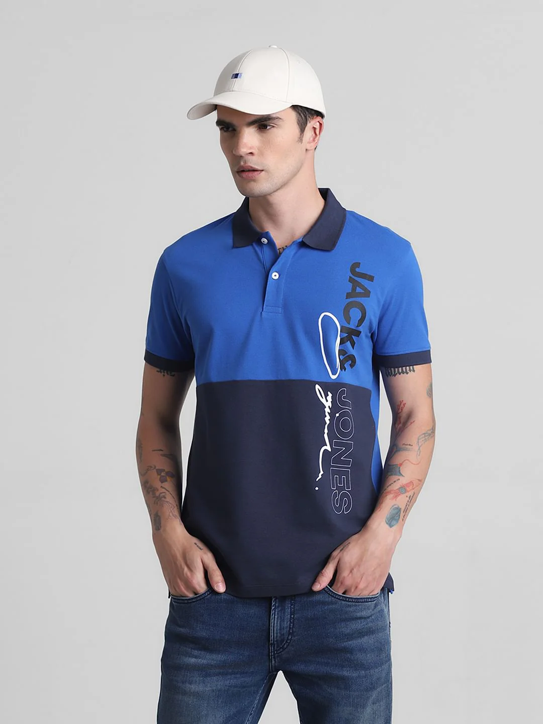 Blue Colourblocked Cotton Polo T-shirt
