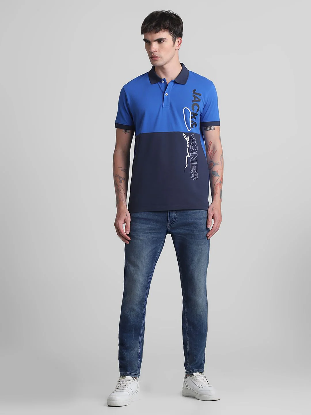 Blue Colourblocked Cotton Polo T-shirt - Image 6