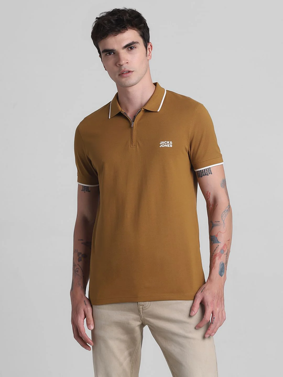 Brown Zip Detail Polo T-shirt - Image 2