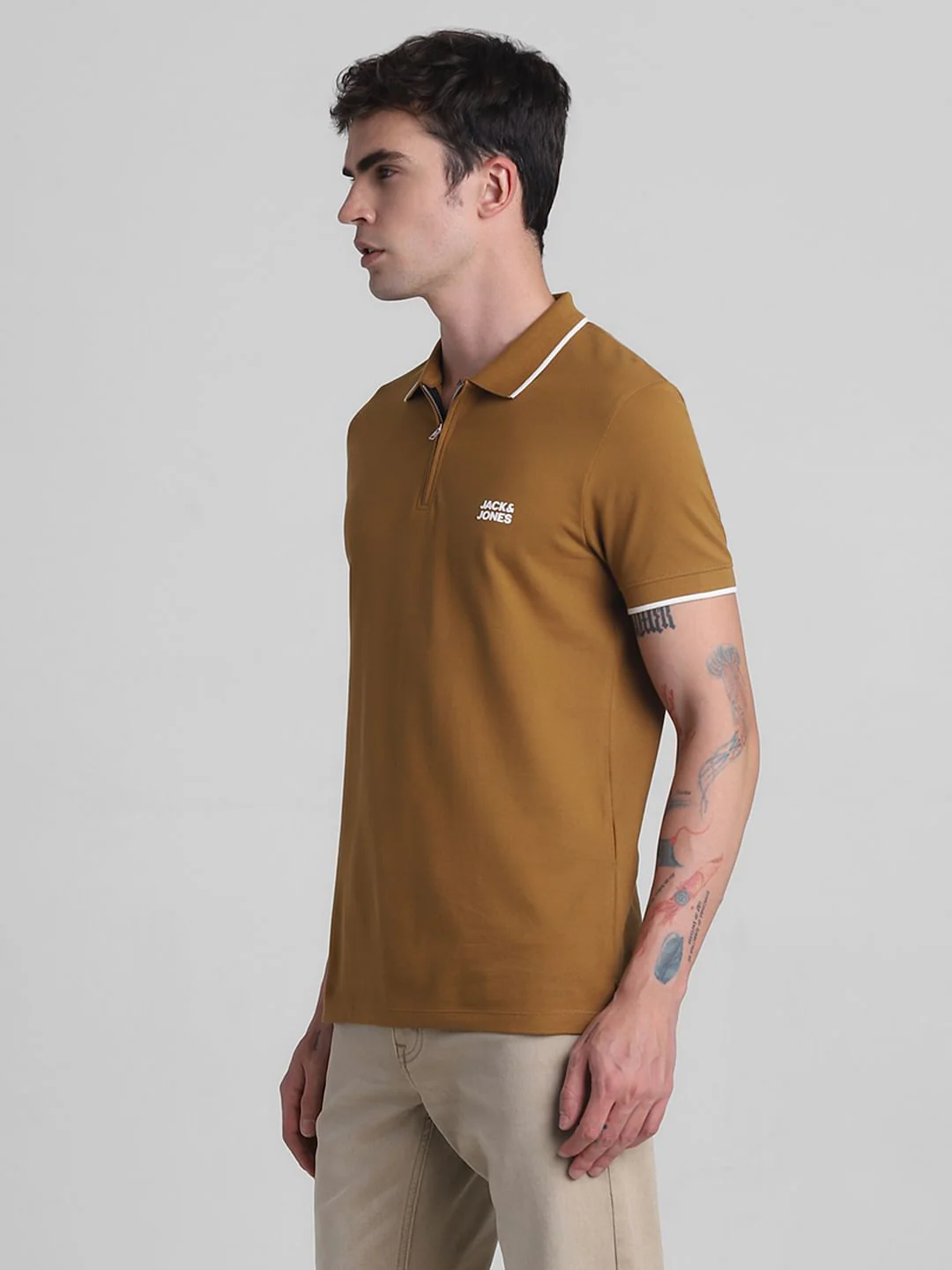 Brown Zip Detail Polo T-shirt - Image 3