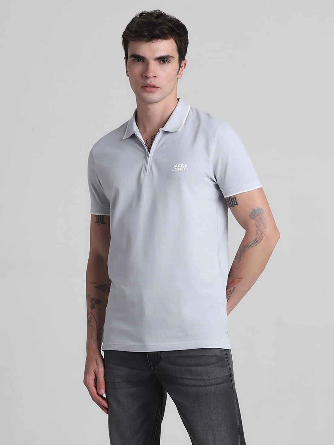 Grey Zip Detail Polo T-shirt - Image 2