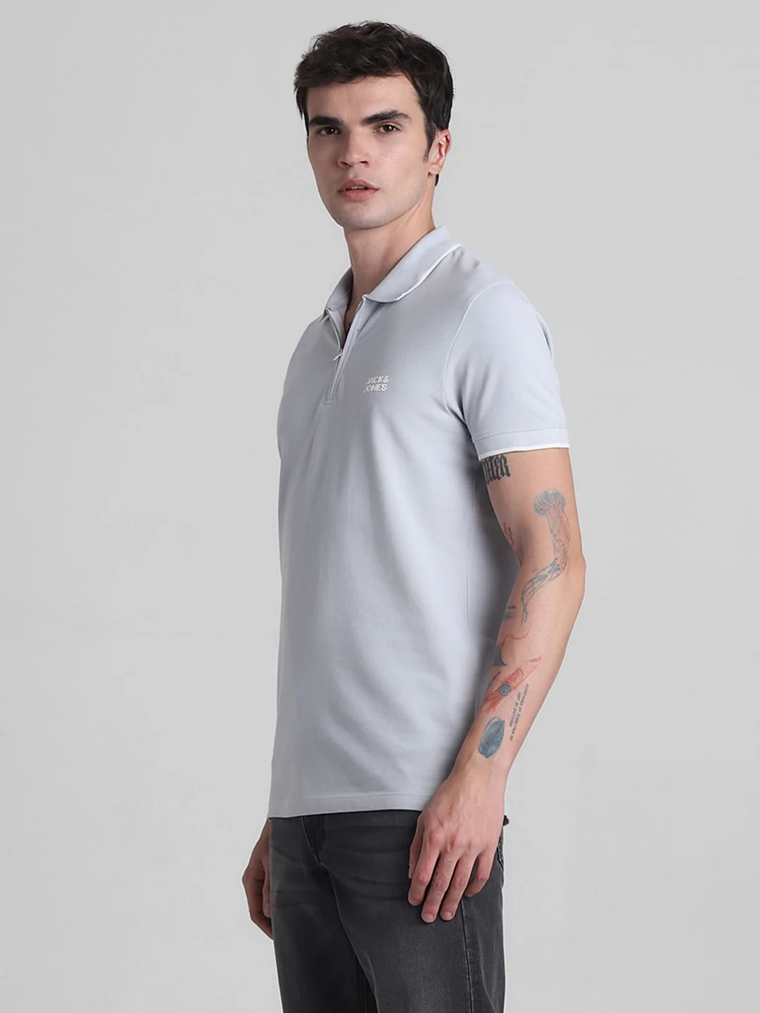 Grey Zip Detail Polo T-shirt - Image 3