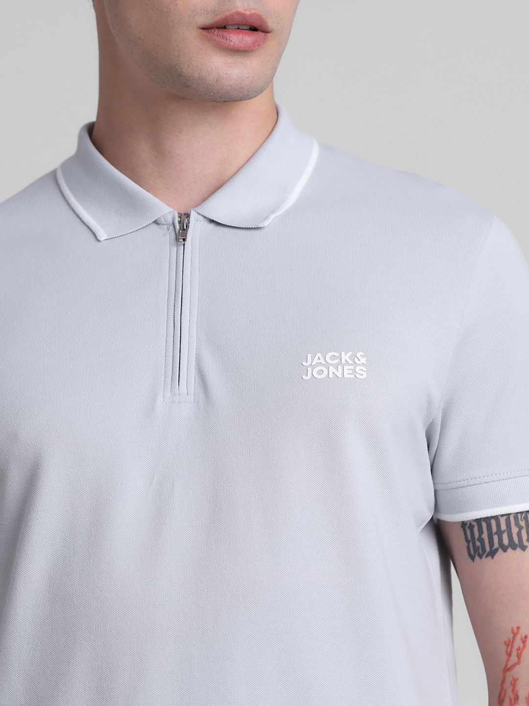 Grey Zip Detail Polo T-shirt - Image 5
