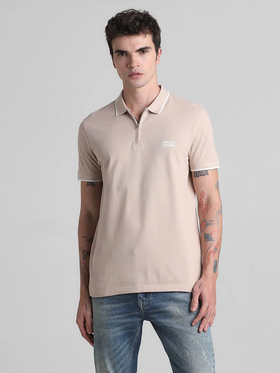 Light Brown Zip Detail Polo T-shirt - Image 2