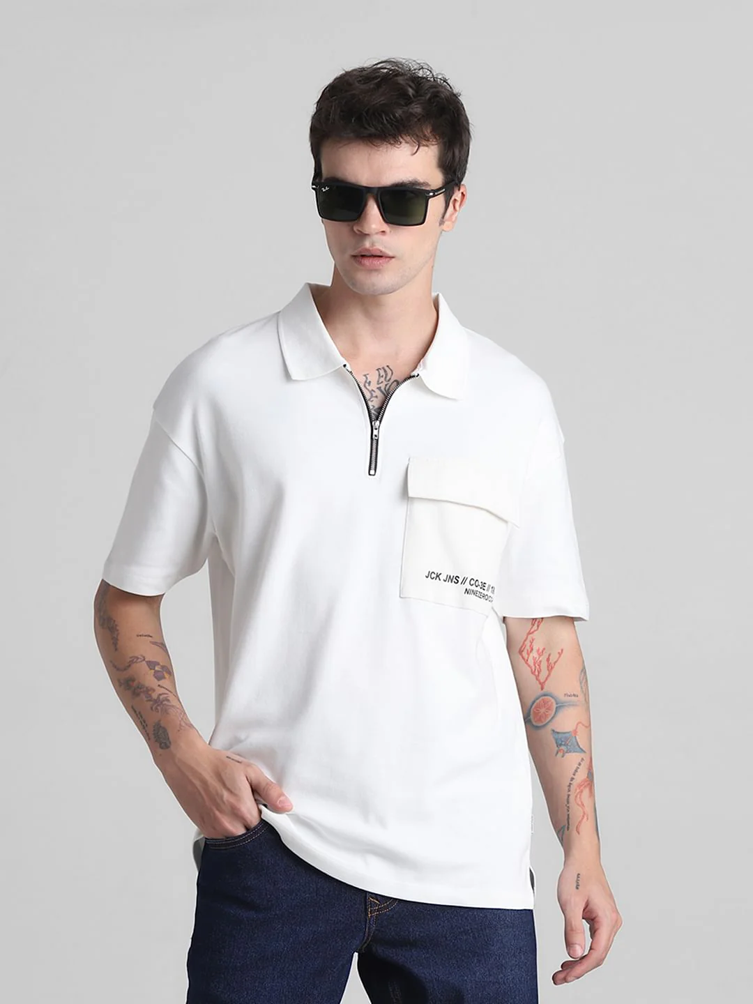 White Zip-Up Oversized Polo T-shirt