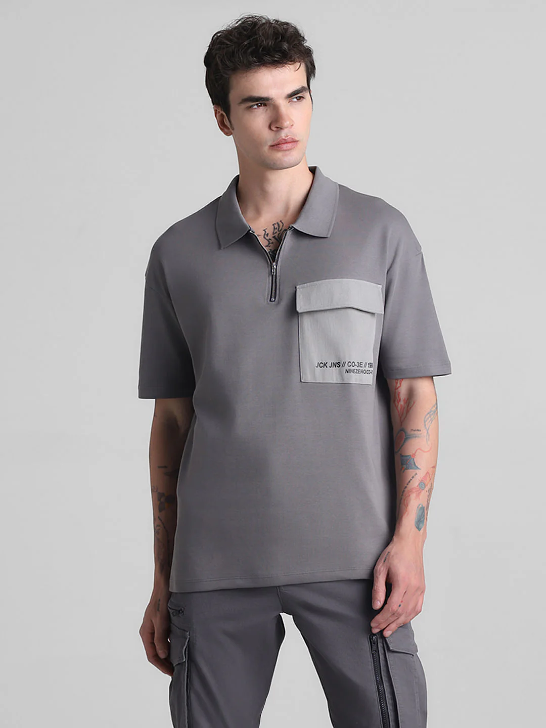 Grey Zip-Up Oversized Polo T-shirt - Image 2
