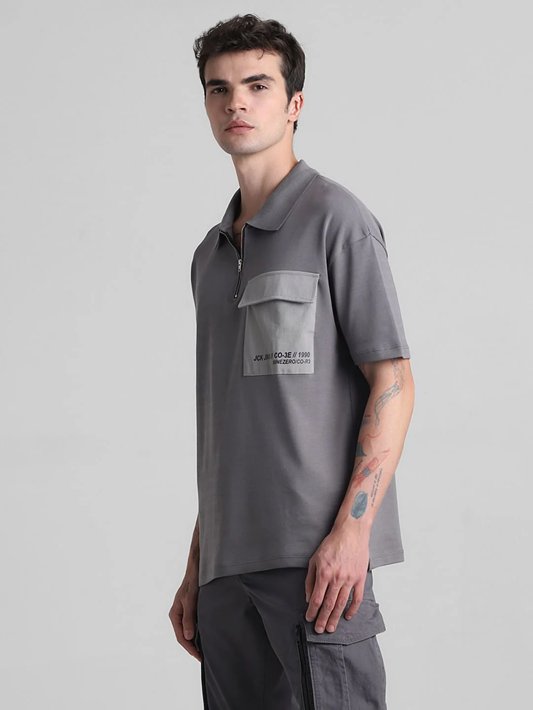 Grey Zip-Up Oversized Polo T-shirt - Image 3