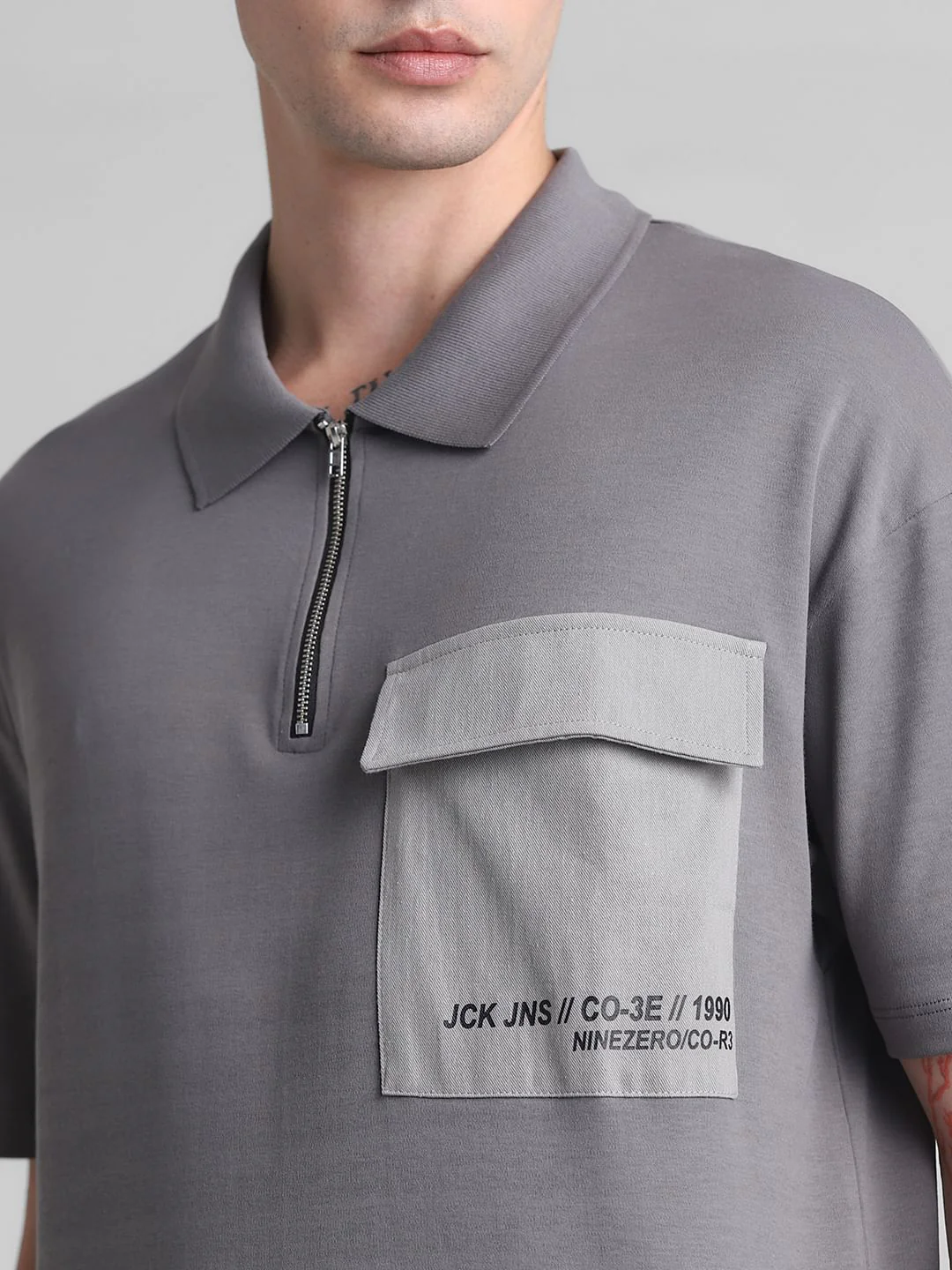 Grey Zip-Up Oversized Polo T-shirt - Image 5