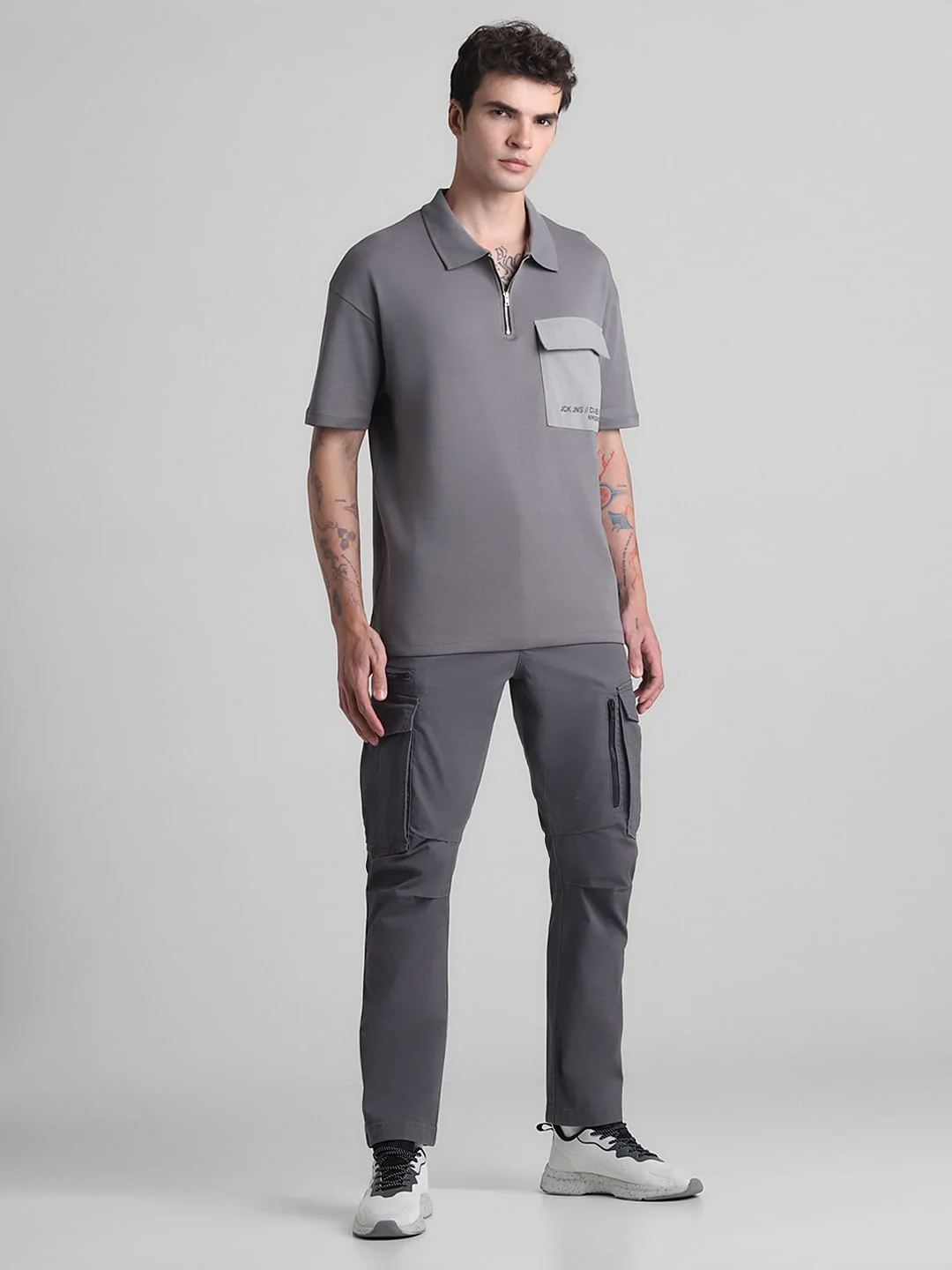 Grey Zip-Up Oversized Polo T-shirt - Image 6