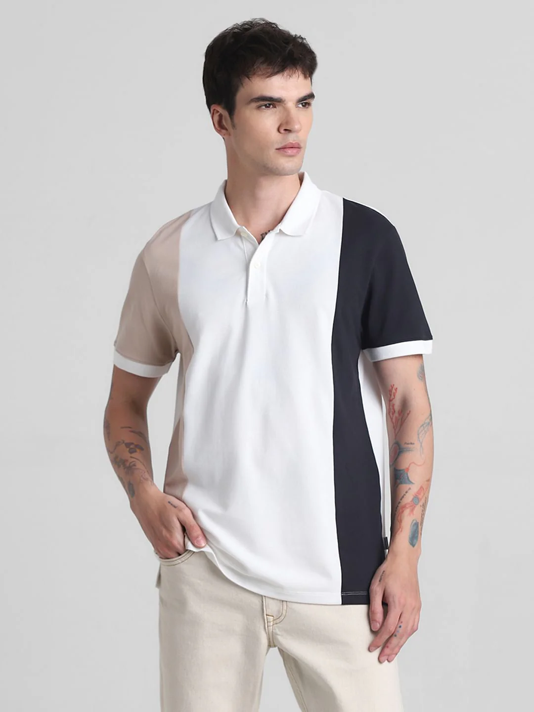 Beige Colourblocked Cotton Polo T-shirt - Image 2