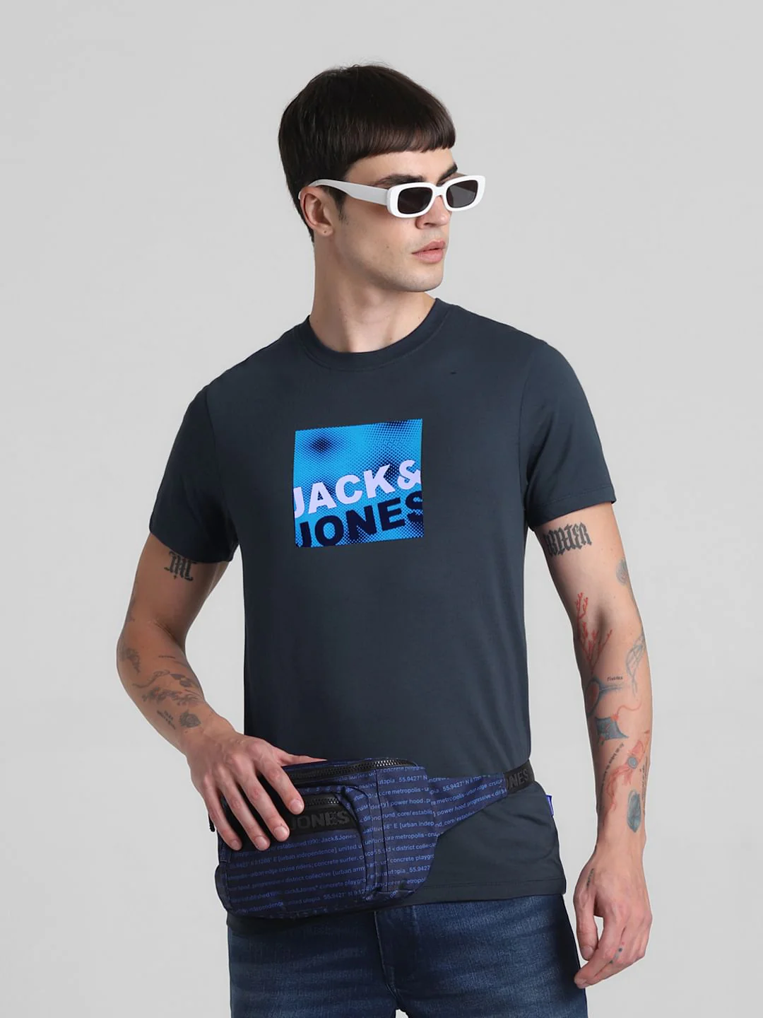 Dark Blue Logo Print Crew Neck T-shirt