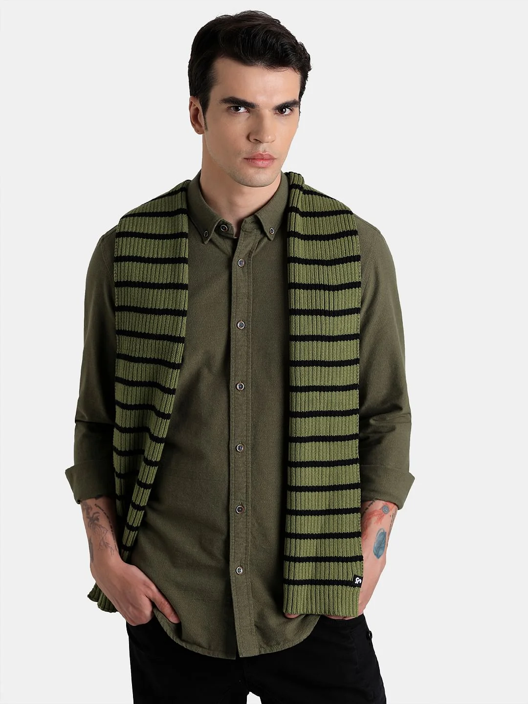 Green Striped Cotton Scarf - Image 4