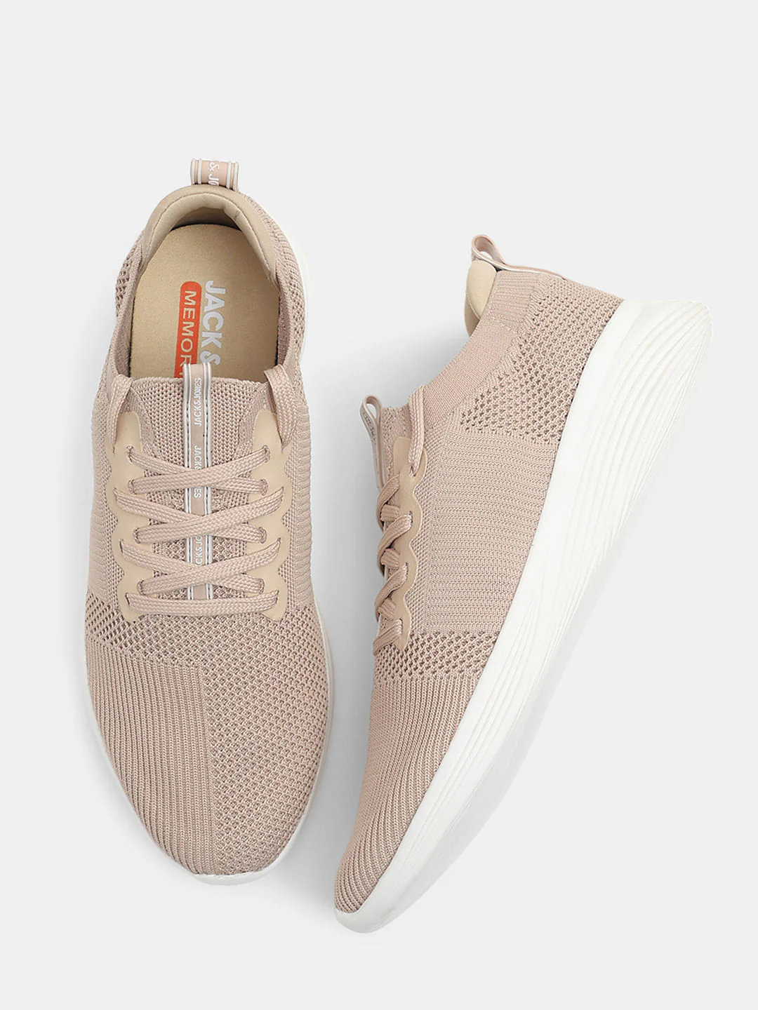 Beige Stretch Knit Lace-Up Sneakers - Image 3