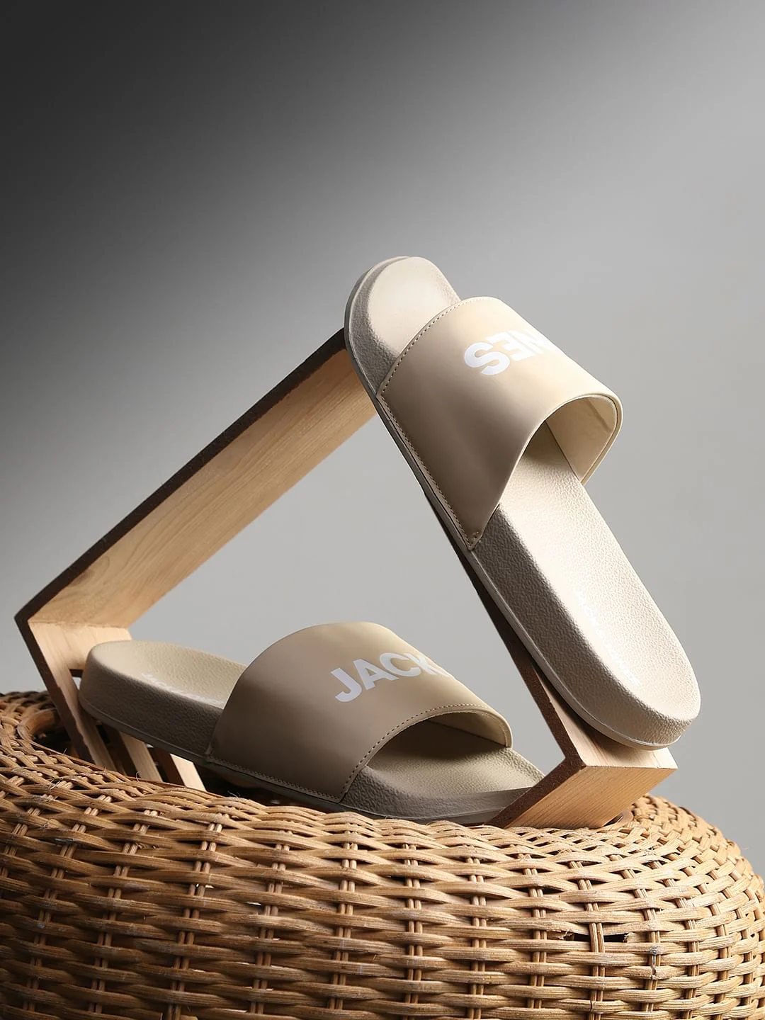 Beige Logo Print Pool Sliders
