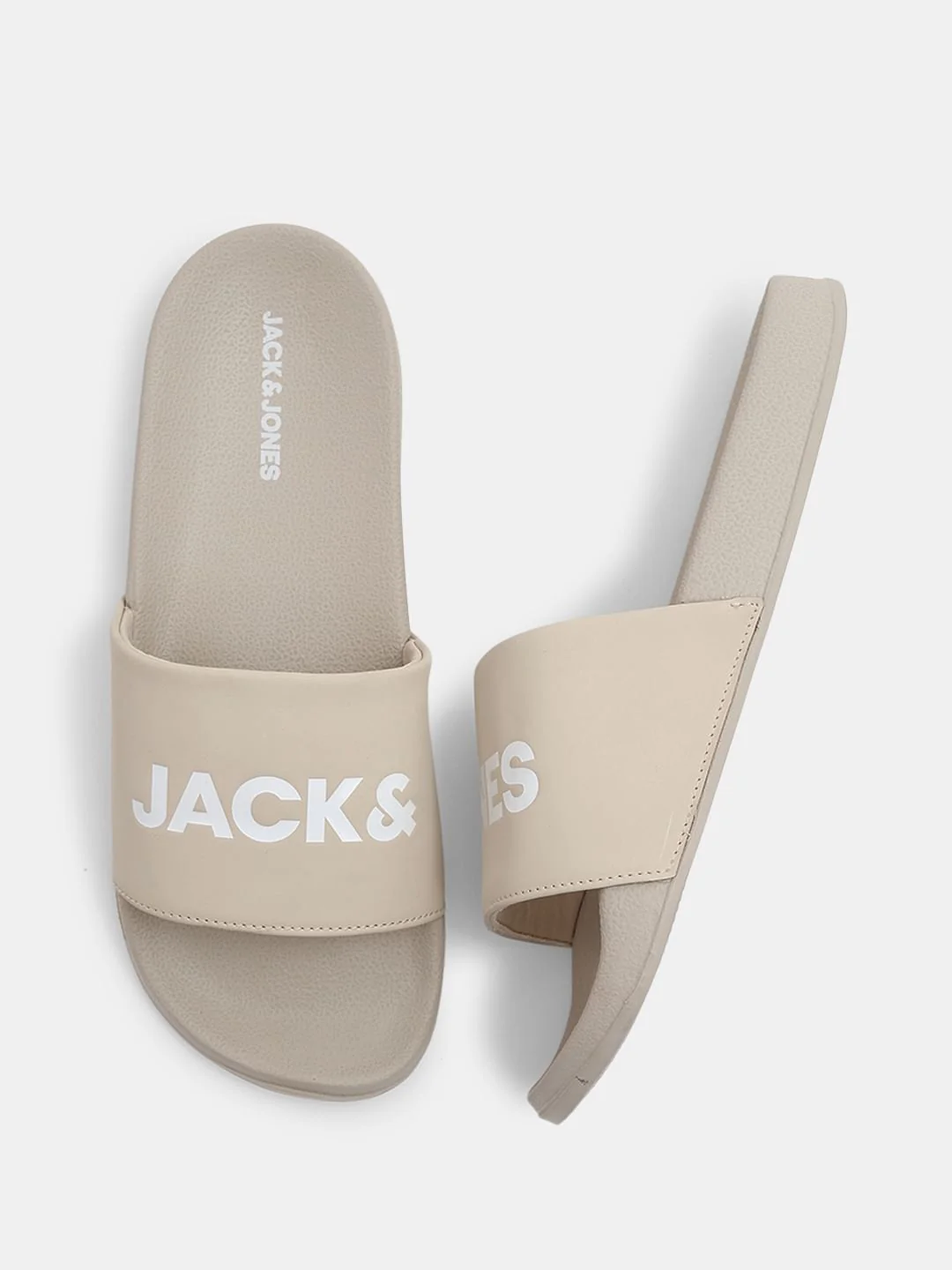 Beige Logo Print Pool Sliders - Image 3
