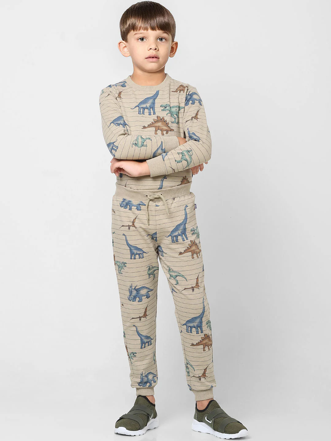 Boys Grey Striped Dinosaur Print Sweatshirt