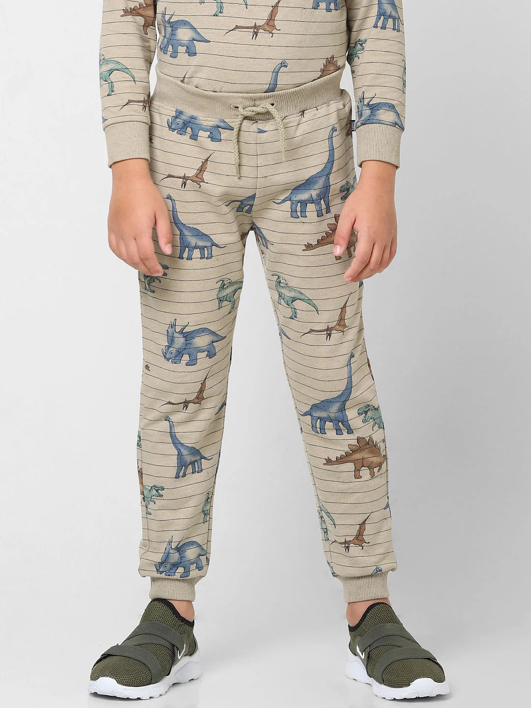 Boys Grey Striped Dinosaur Print Sweatpants - Image 2