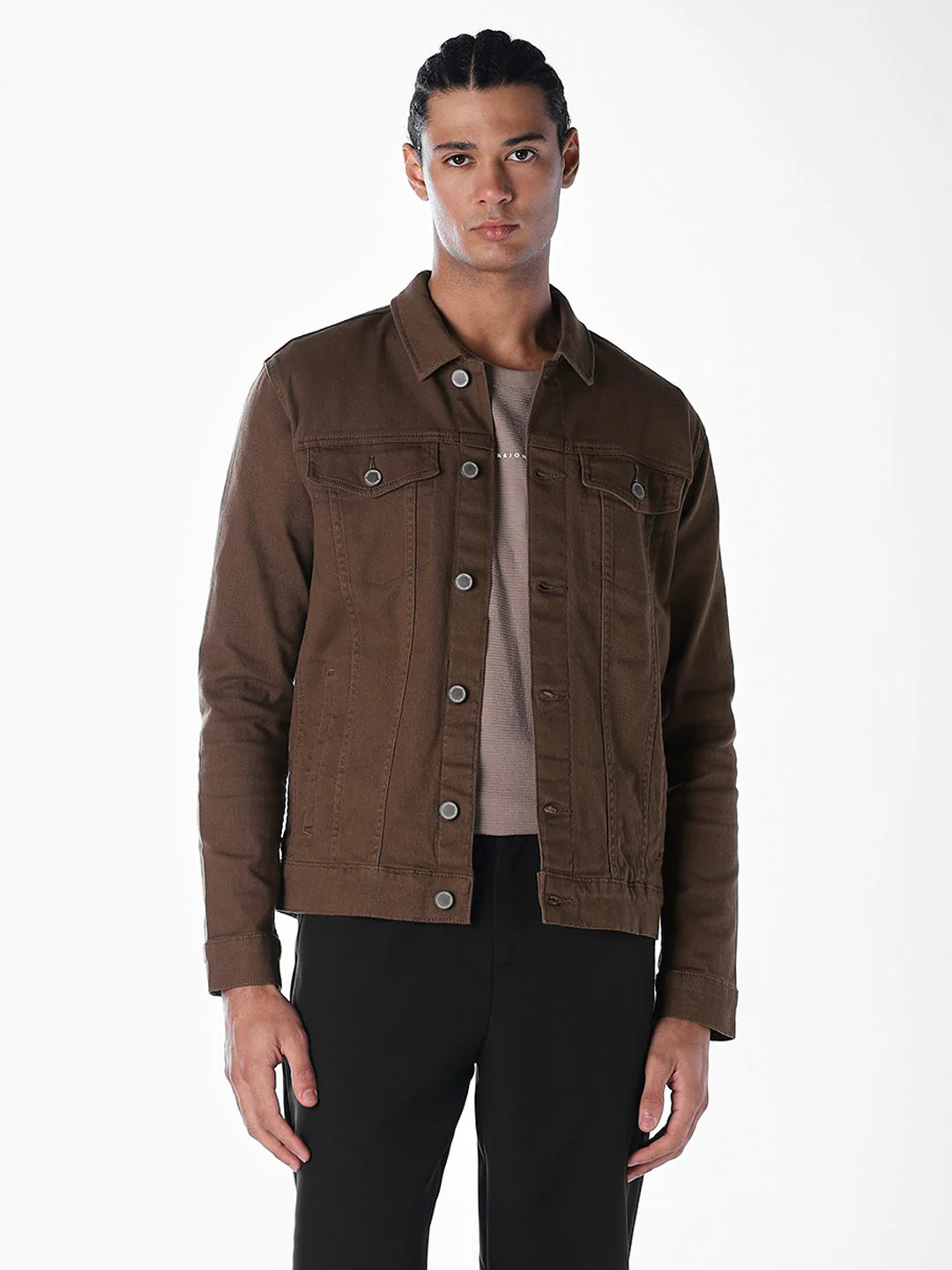 Dark Brown Regular Fit Denim Jacket - Image 2