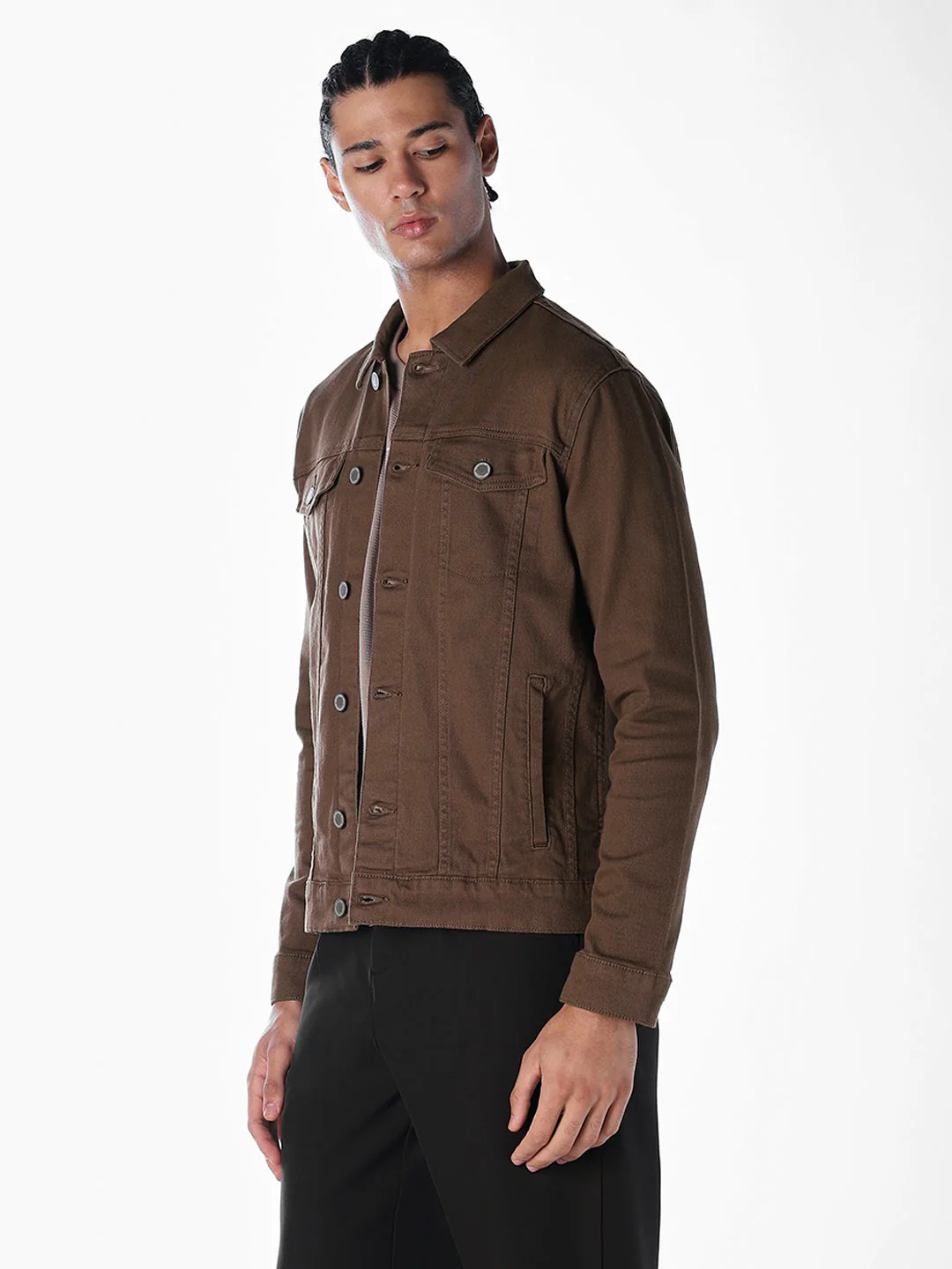 Dark Brown Regular Fit Denim Jacket - Image 3