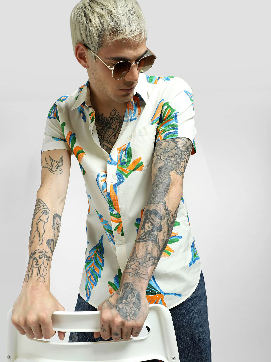 Light Beige Printed Half Sleeves Shirt