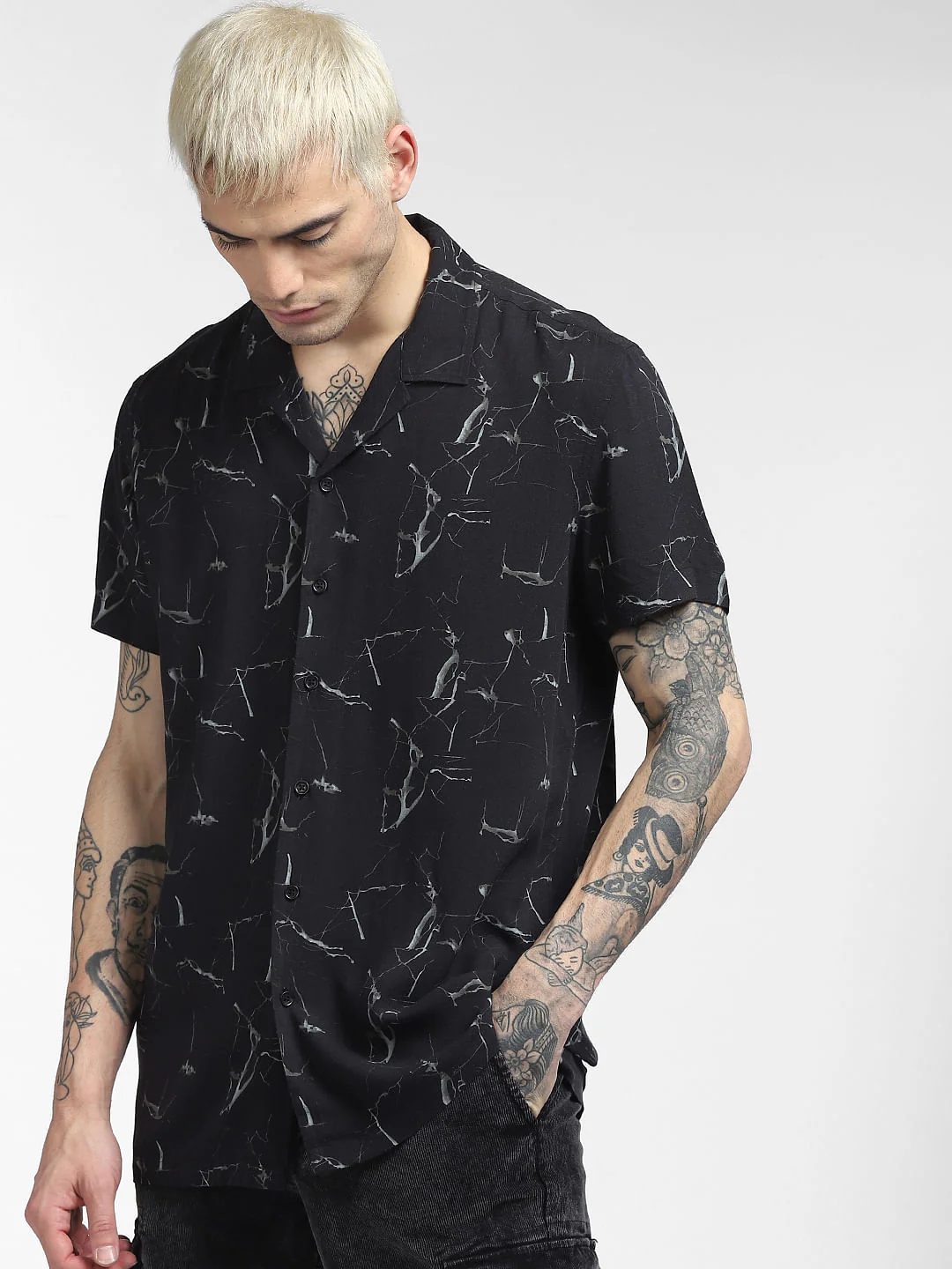 Black Abstract Print Half Sleeves Shirt - Image 2