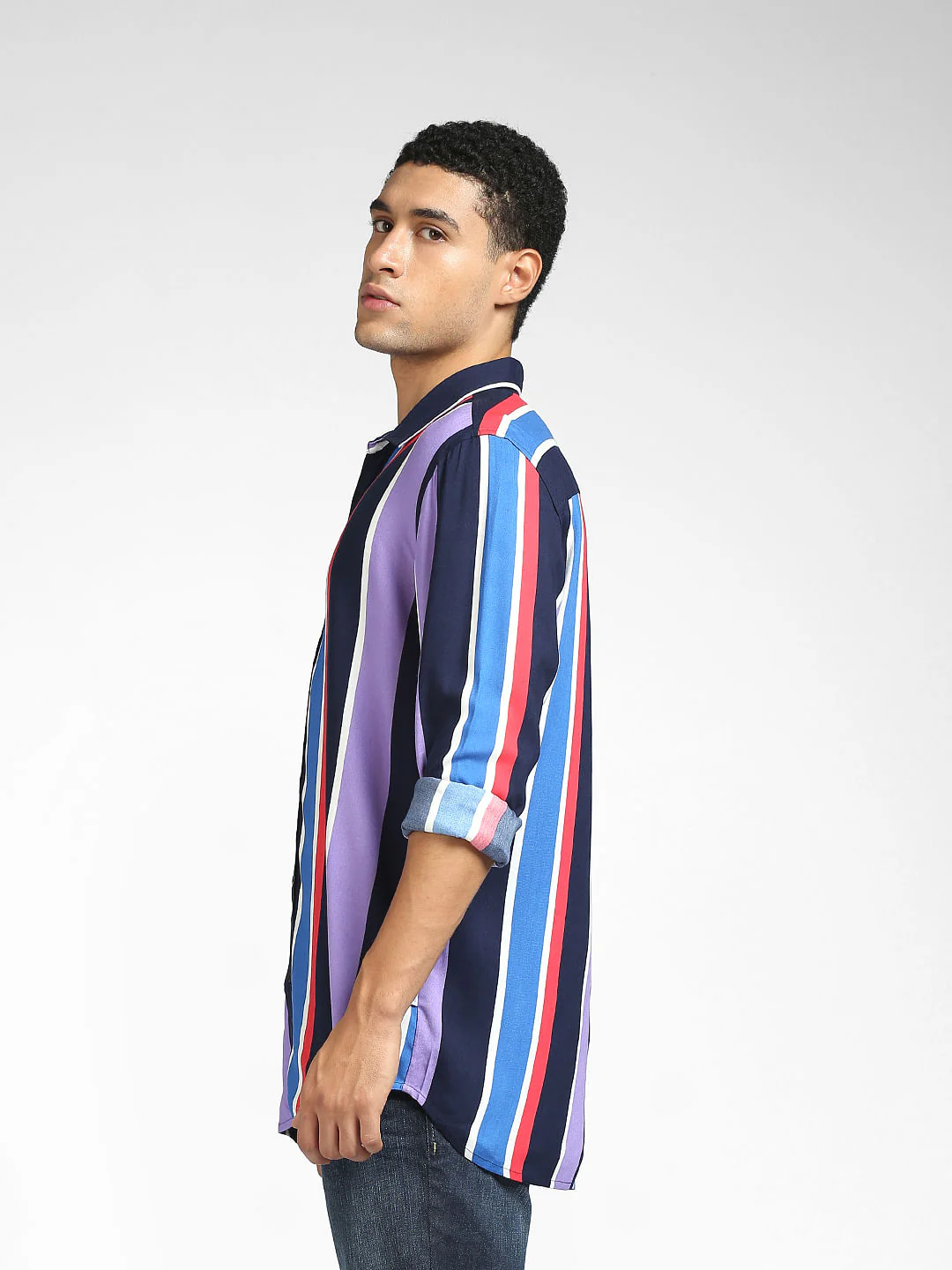 Purple Vertical Stripe Full Sleeves Shirt - Image 3
