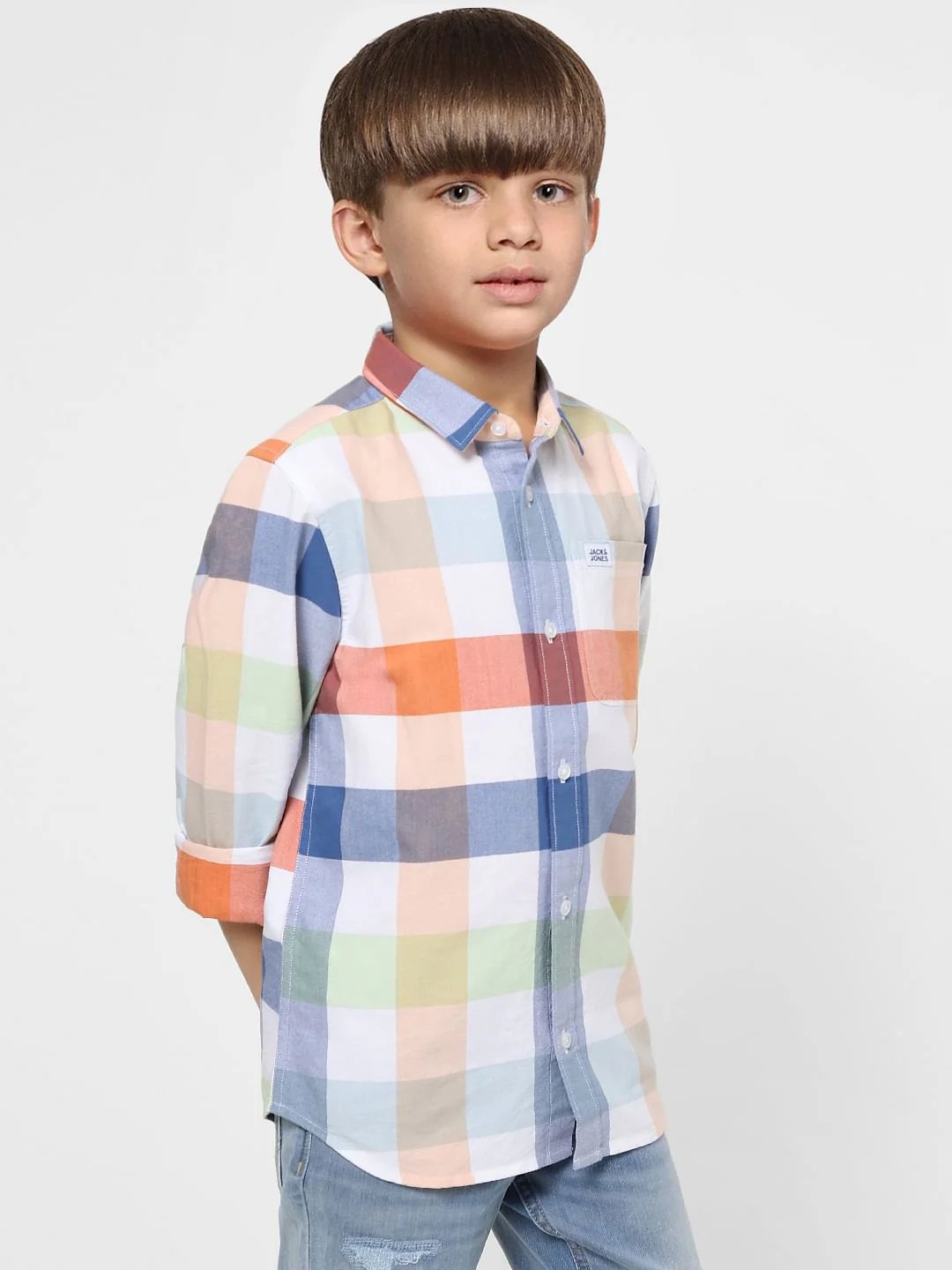 Boys White Check Full Sleeves Shirt - Image 2