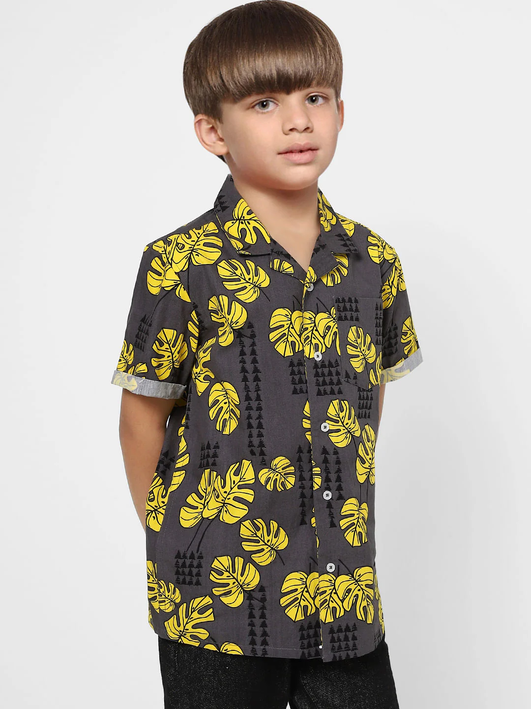 Boys Grey Monstera Print Half Sleeves Shirt - Image 2