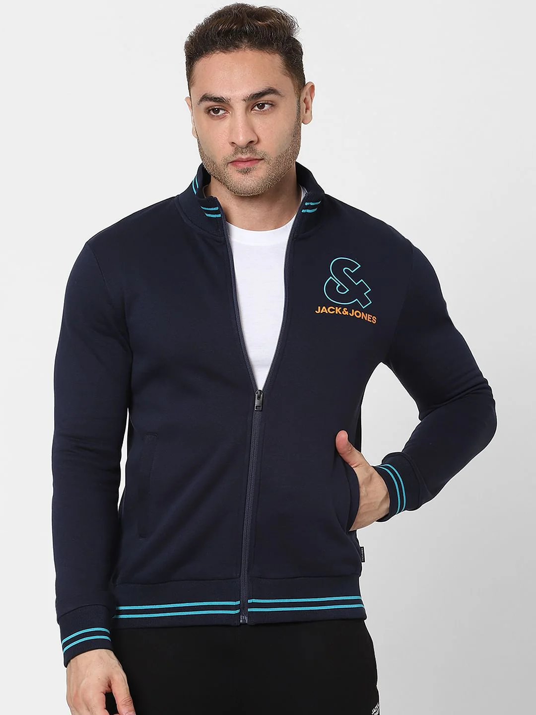 Navy Blue Logo Print Zip Up Sweatshirt - Image 2
