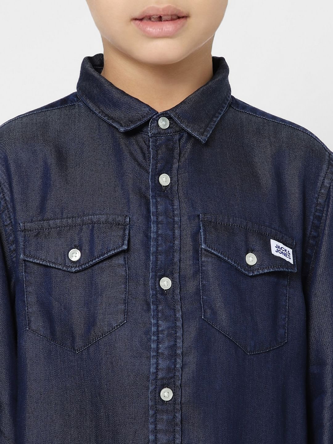 Boys Dark Blue Denim Full Sleeves Shirt - Image 4
