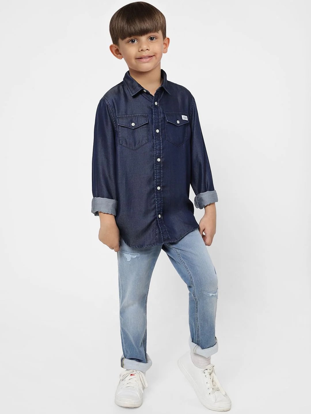 Boys Dark Blue Denim Full Sleeves Shirt - Image 5