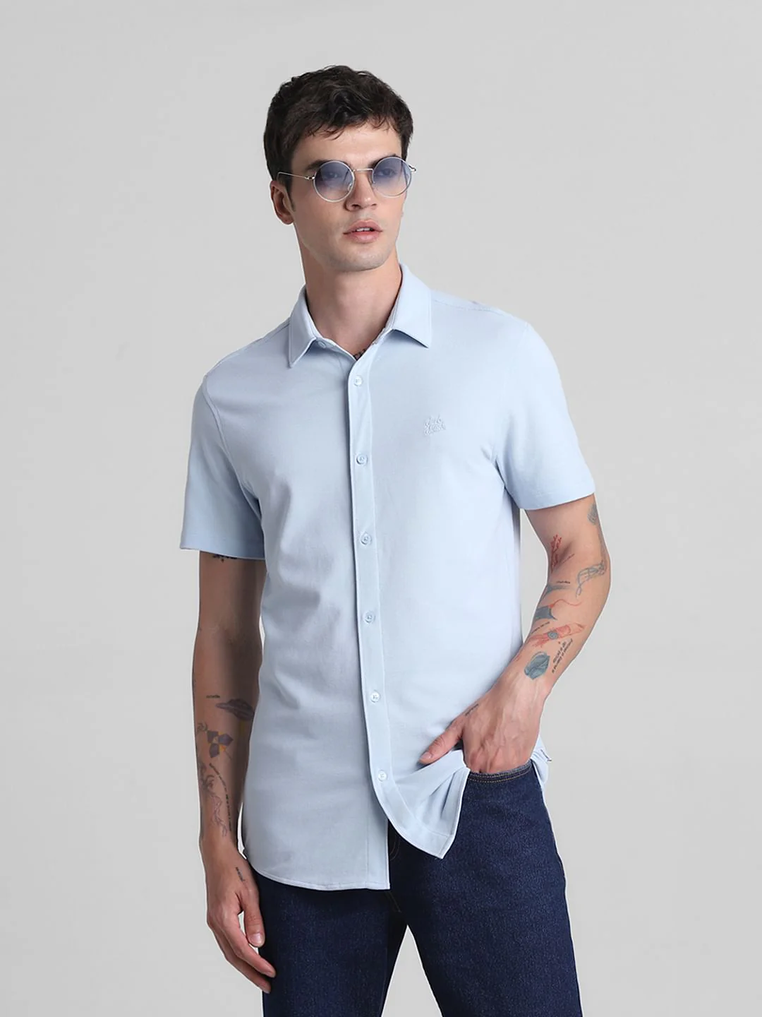 Blue Knitted Short Sleeves Shirt