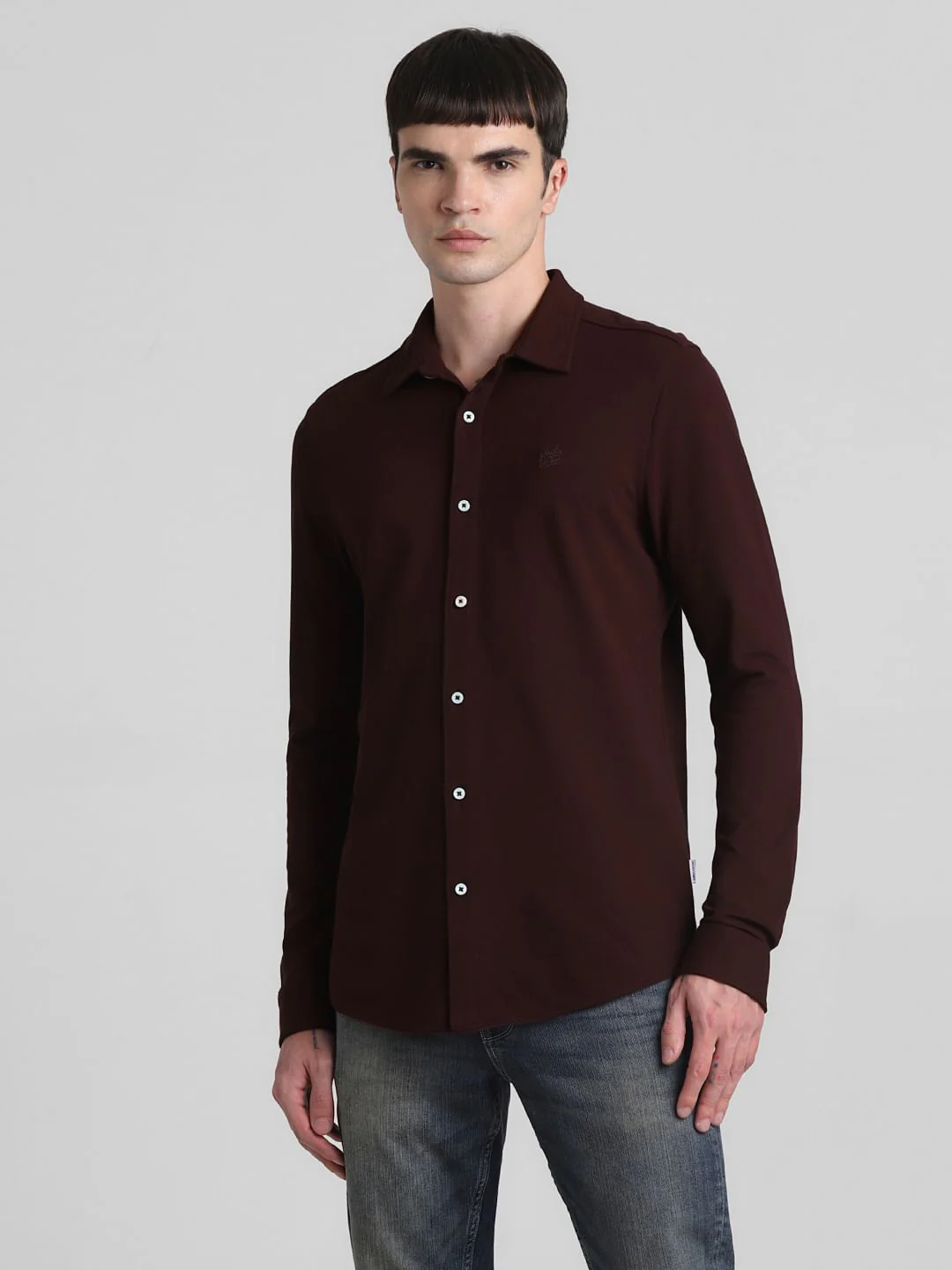 Dark Red Knit Full Sleeves Shirt - Image 2