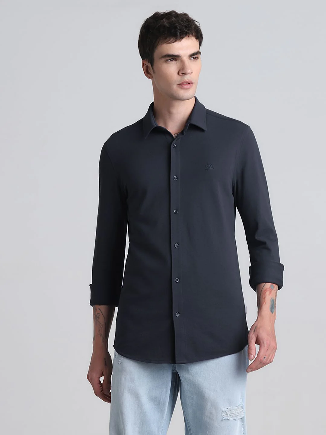 Blue Knitted Full Sleeves Shirt - Image 2