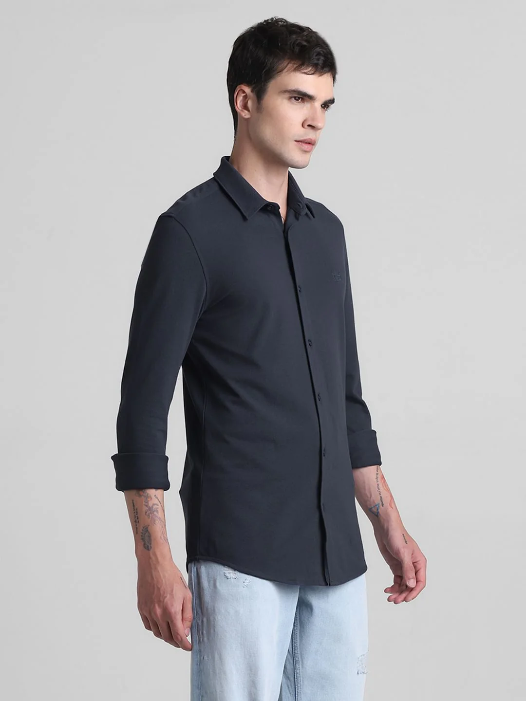 Blue Knitted Full Sleeves Shirt - Image 3