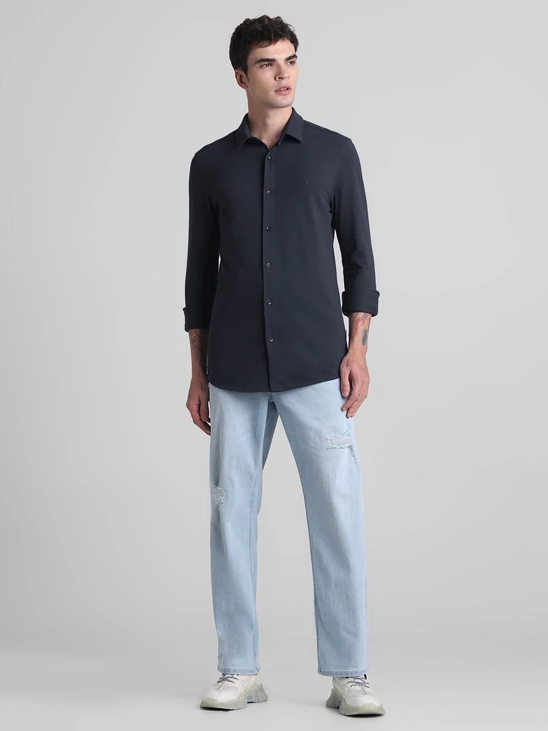 Blue Knitted Full Sleeves Shirt - Image 6