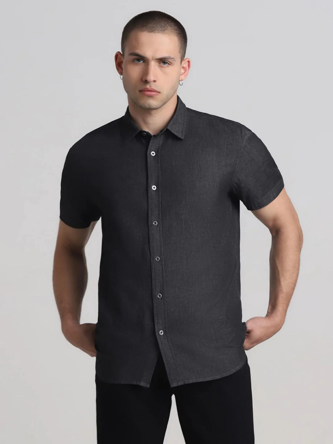 Black Denim Short Sleeves Shirt - Image 2