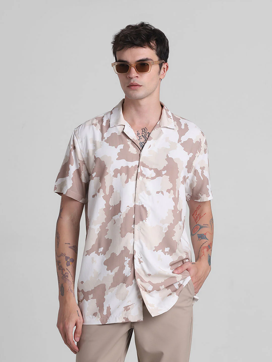 Beige Camo Print Short Sleeves Shirt