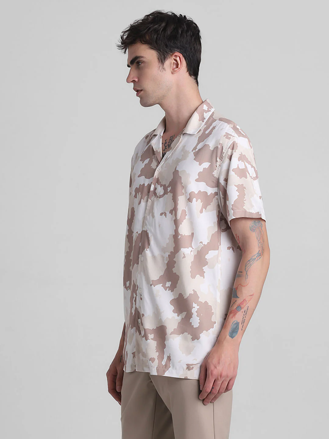 Beige Camo Print Short Sleeves Shirt - Image 3