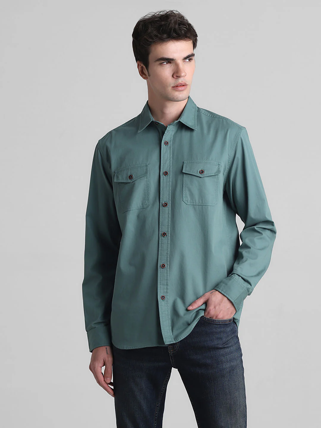 Green Cotton Full Sleeves Shirt - Image 2