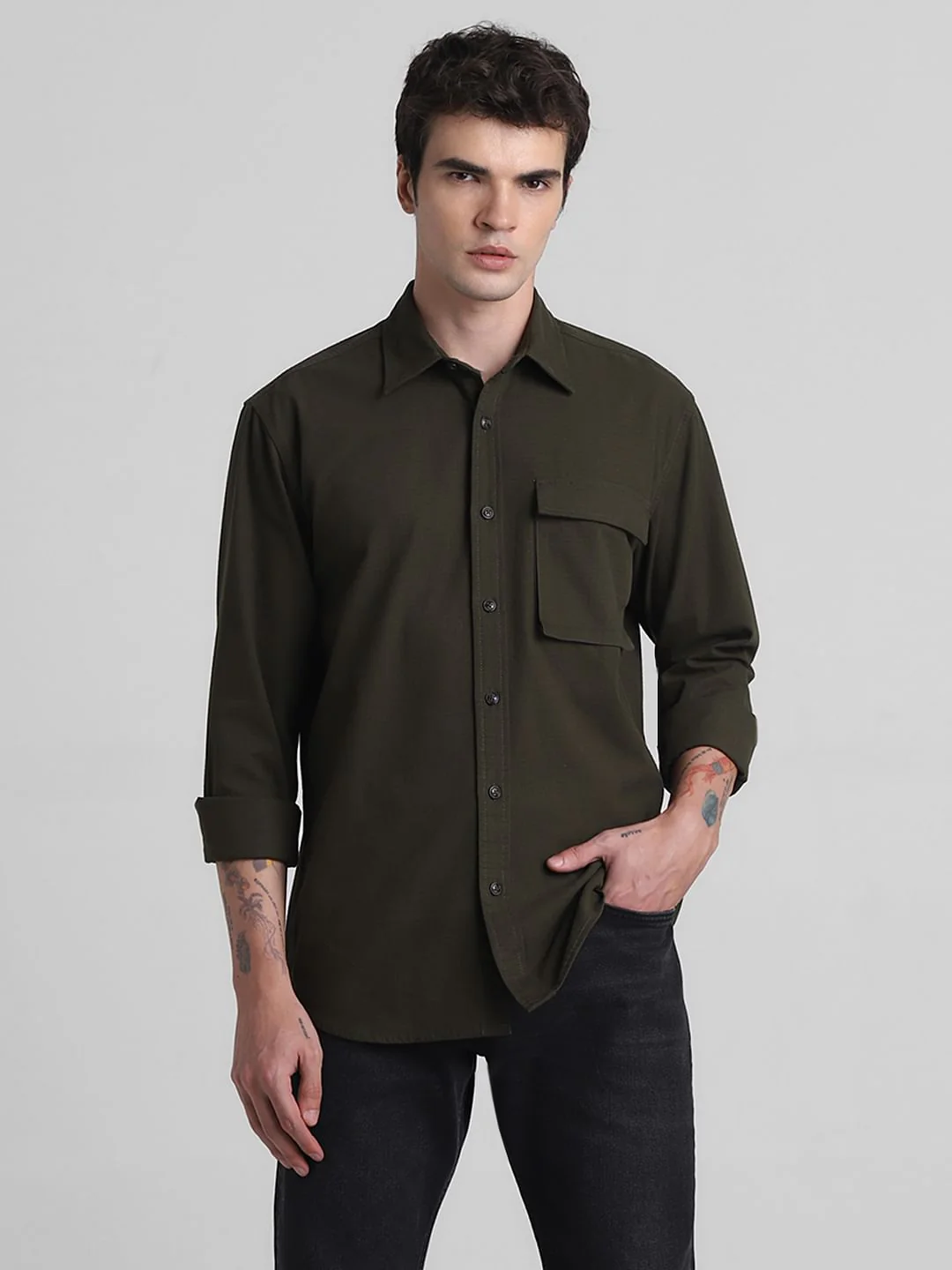 Green Cotton Full Sleeves Shirt - Image 2