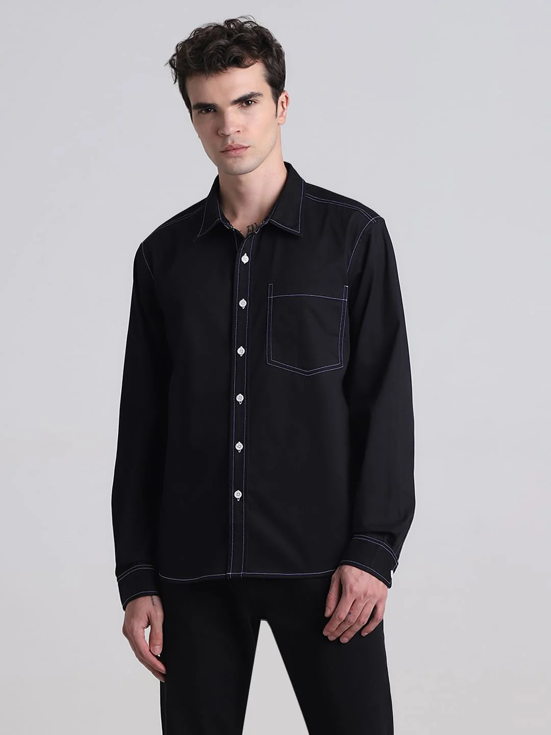 Black Contrast Stitch Full Sleeves Shirt - Image 2