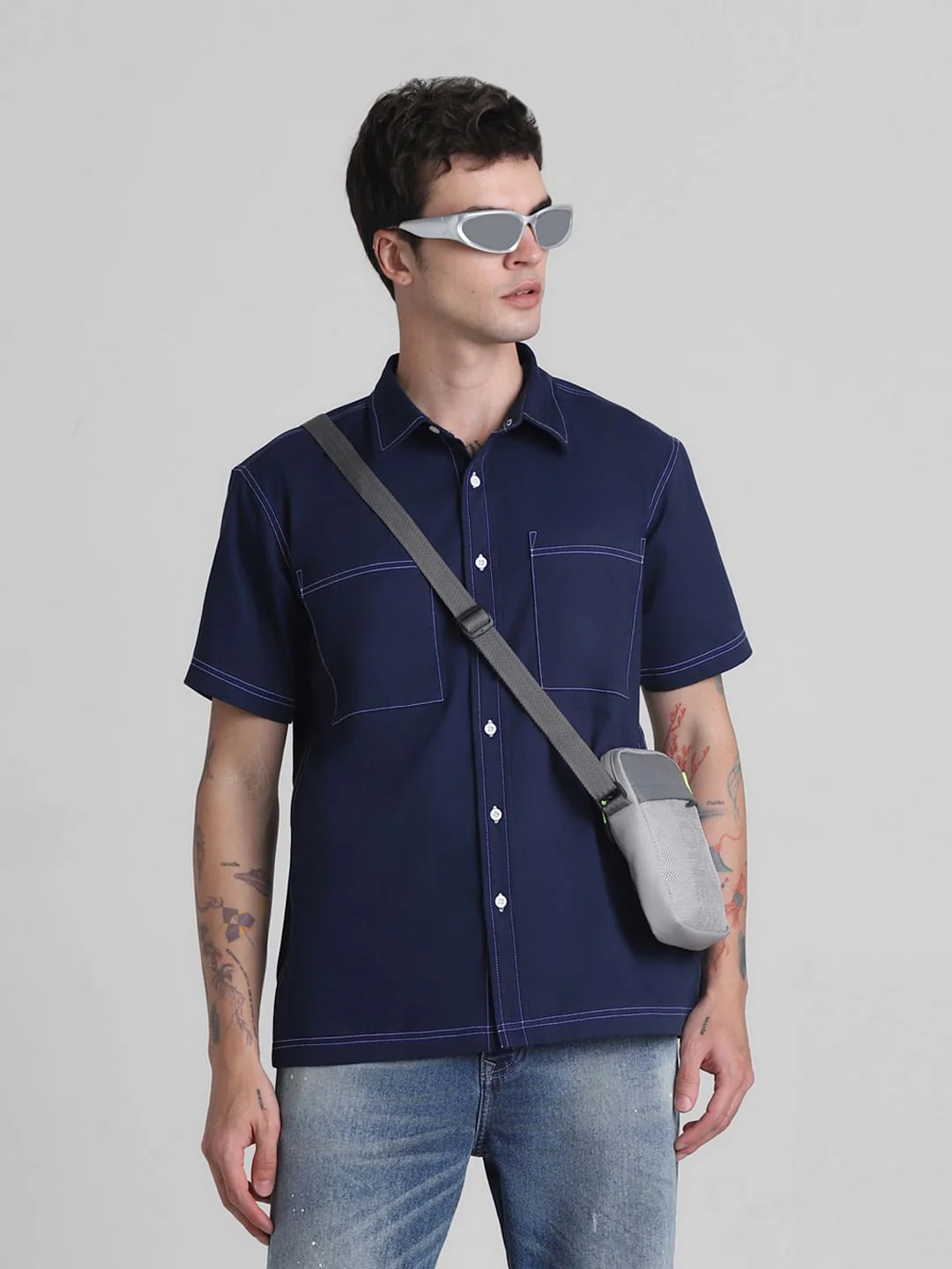 Blue Contrast Stitch Oversized Shirt